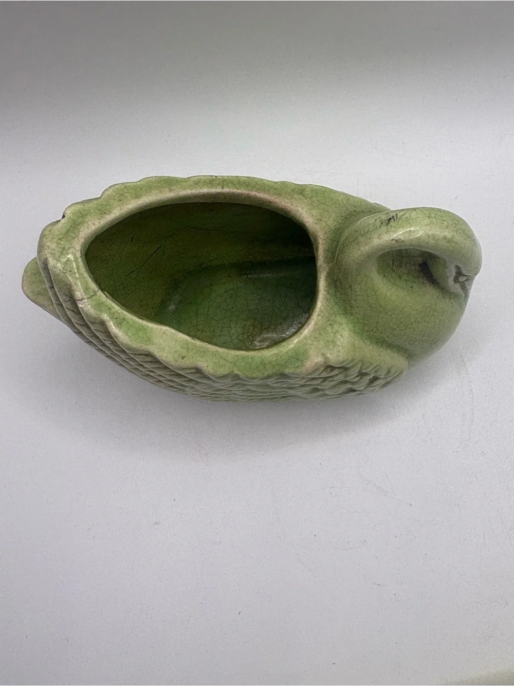 Vintage Green Ceramic Swan Planter Mid Century Crackle Glaze Bird Pottery 4.25”